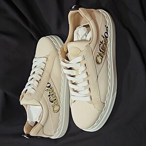ChloeChloé Beige Canvas and Suede Lauren Logo Embroidered Low Top Sneakers